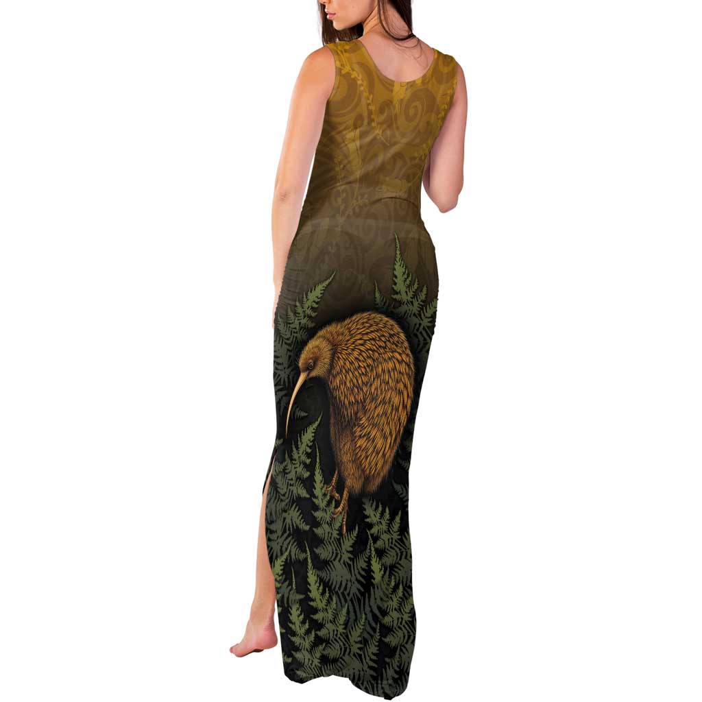 New Zealand Kiwi Bird Tank Maxi Dress Silver Fern Mix Maori Pattern