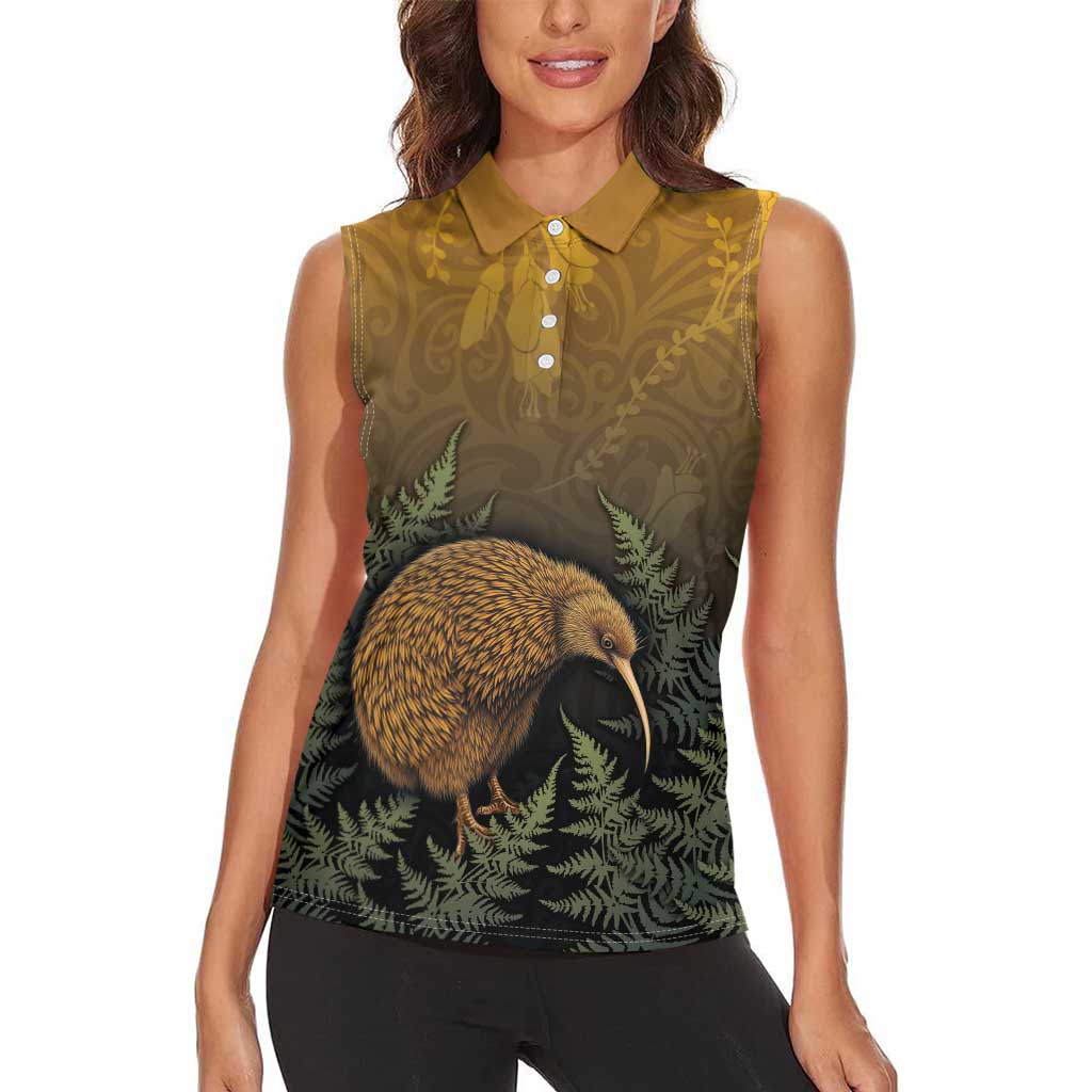 New Zealand Kiwi Bird Women Sleeveless Polo Shirt Silver Fern Mix Maori Pattern LT05 - Polynesian Pride