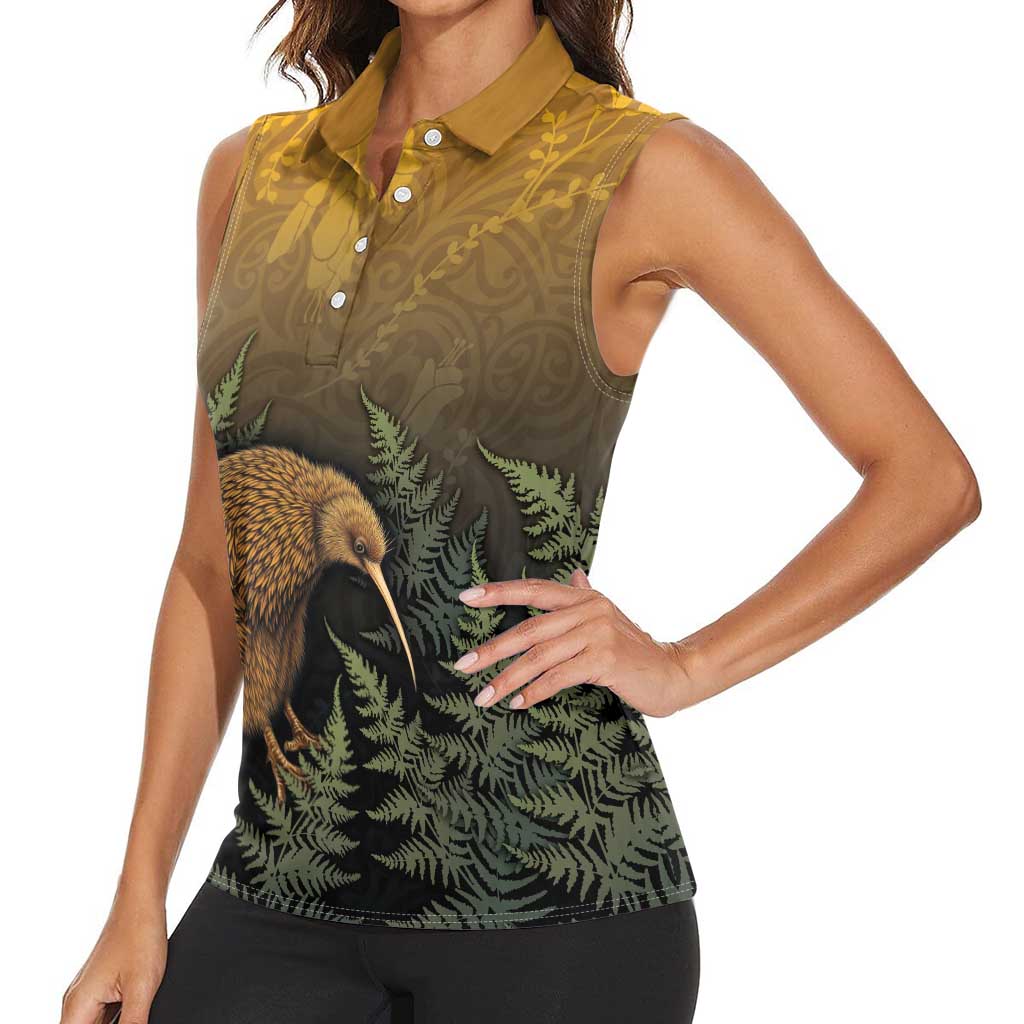 New Zealand Kiwi Bird Women Sleeveless Polo Shirt Silver Fern Mix Maori Pattern LT05 - Polynesian Pride
