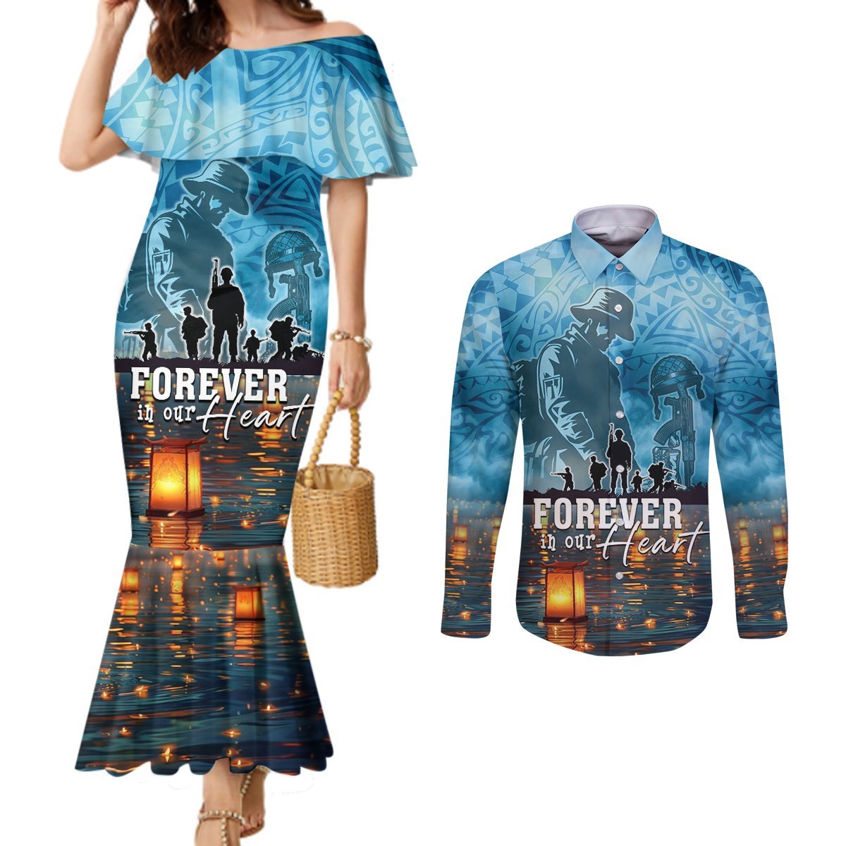 Hawaii Memorial Day Lantern Floating Couples Matching Mermaid Dress and Long Sleeve Button Shirt Always In Our Hearts LT05 Blue - Polynesian Pride
