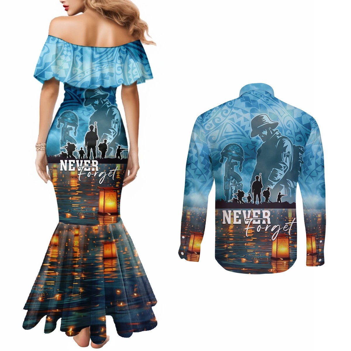 Hawaii Memorial Day Lantern Floating Couples Matching Mermaid Dress and Long Sleeve Button Shirt Always In Our Hearts LT05 - Polynesian Pride