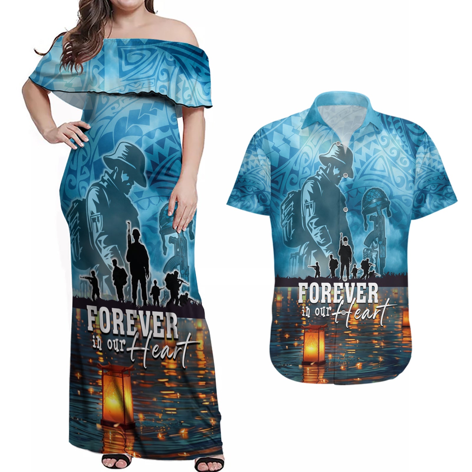 Hawaii Memorial Day Lantern Floating Couples Matching Off Shoulder Maxi Dress and Hawaiian Shirt Always In Our Hearts