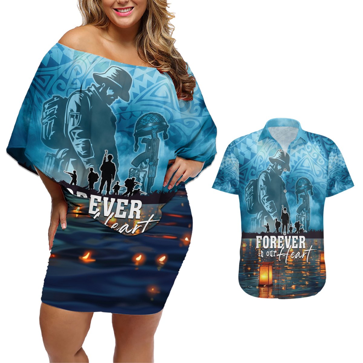 Hawaii Memorial Day Lantern Floating Couples Matching Off Shoulder Short Dress and Hawaiian Shirt Always In Our Hearts
