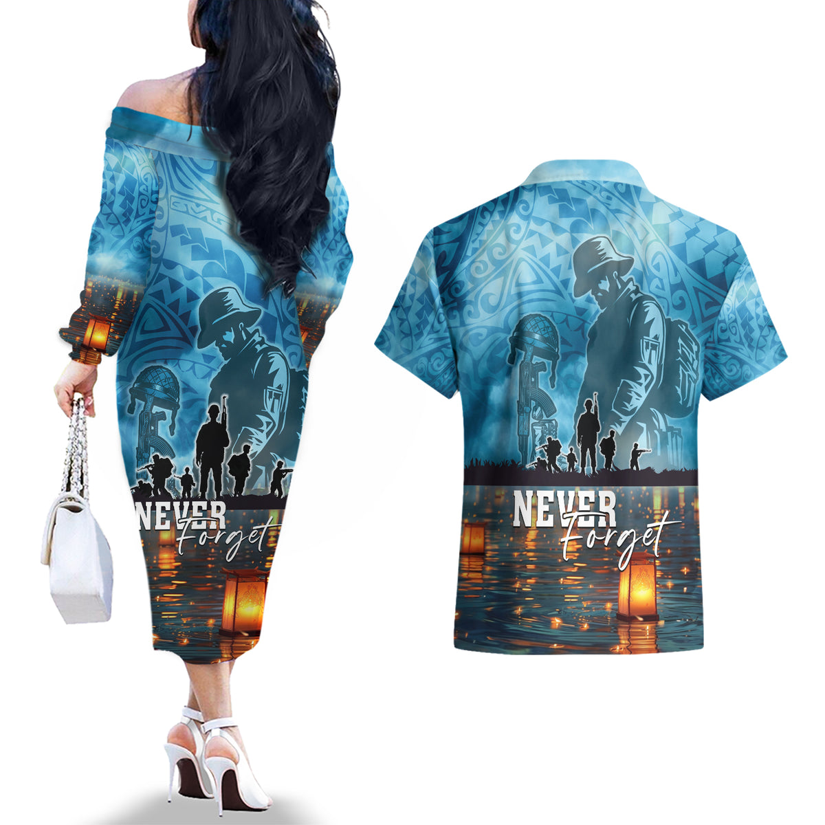 Hawaii Memorial Day Lantern Floating Couples Matching Off The Shoulder Long Sleeve Dress and Hawaiian Shirt Always In Our Hearts