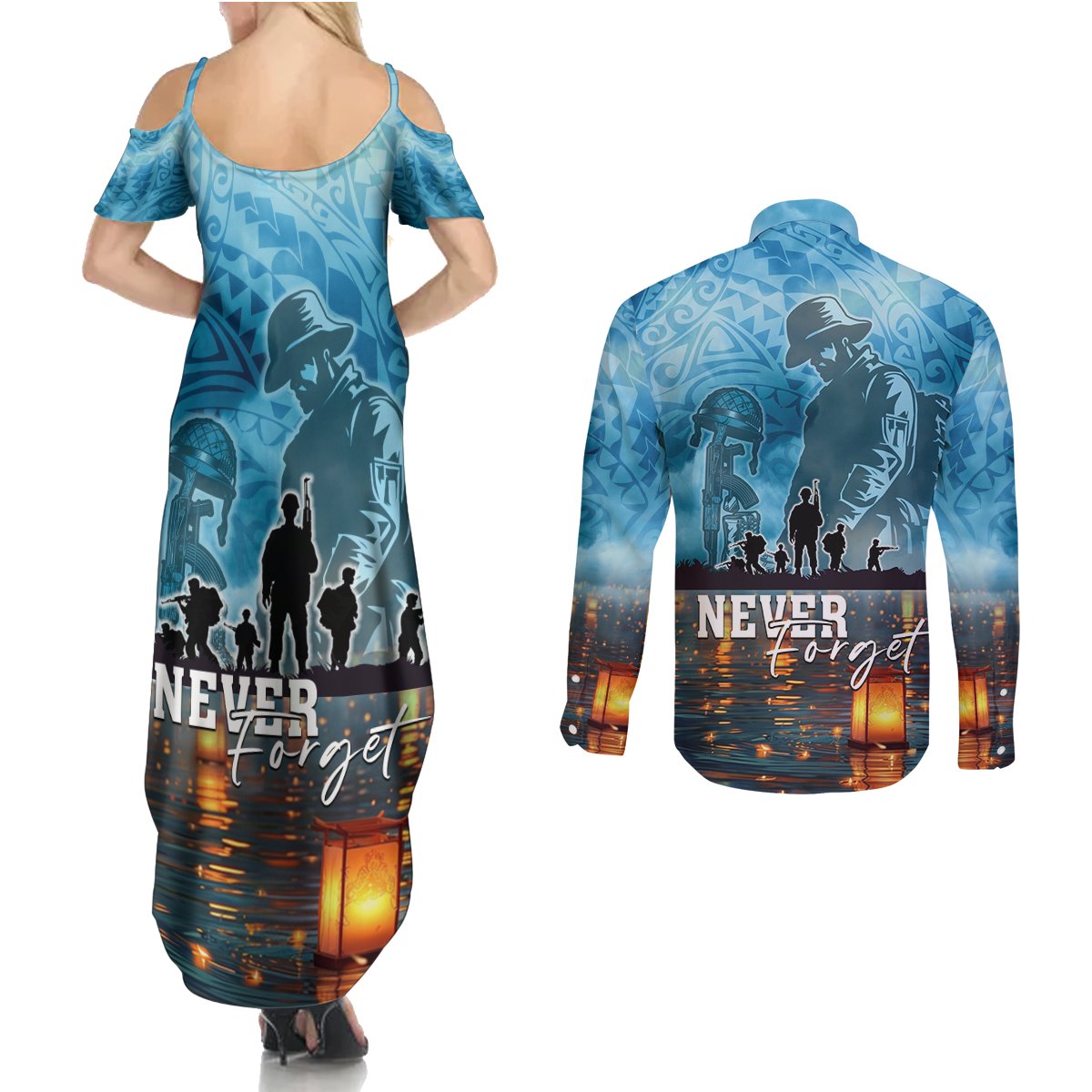 Hawaii Memorial Day Lantern Floating Couples Matching Summer Maxi Dress and Long Sleeve Button Shirt Always In Our Hearts