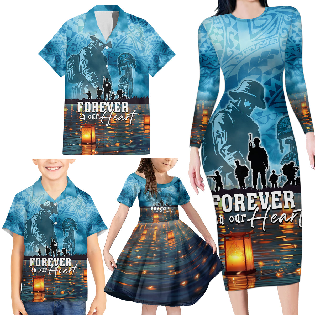 Hawaii Memorial Day Lantern Floating Family Matching Long Sleeve Bodycon Dress and Hawaiian Shirt Always In Our Hearts LT05 - Polynesian Pride