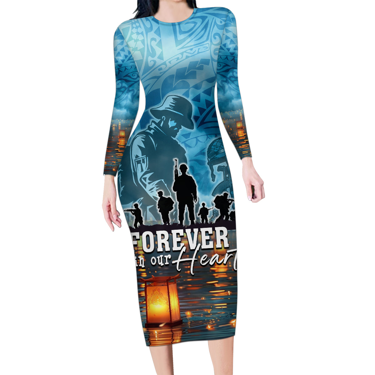 Hawaii Memorial Day Lantern Floating Family Matching Long Sleeve Bodycon Dress and Hawaiian Shirt Always In Our Hearts LT05 Mom's Dress Blue - Polynesian Pride