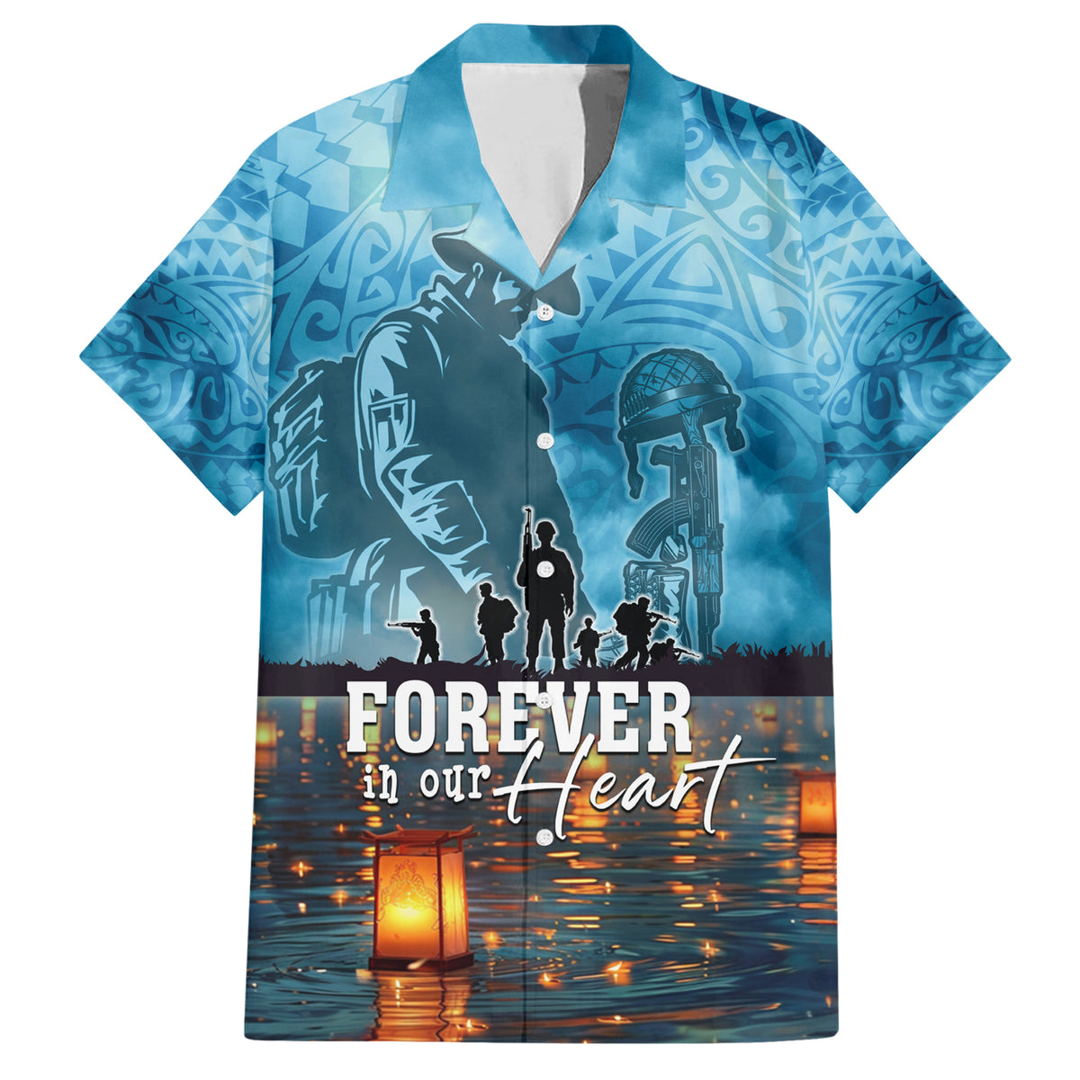 Hawaii Memorial Day Lantern Floating Family Matching Short Sleeve Bodycon Dress and Hawaiian Shirt Always In Our Hearts LT05 Dad's Shirt - Short Sleeve Blue - Polynesian Pride