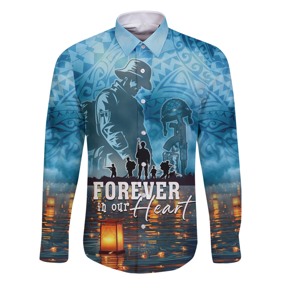 Hawaii Memorial Day Lantern Floating Family Matching Short Sleeve Bodycon Dress and Hawaiian Shirt Always In Our Hearts LT05 Dad's Shirt - Long Sleeve Blue - Polynesian Pride