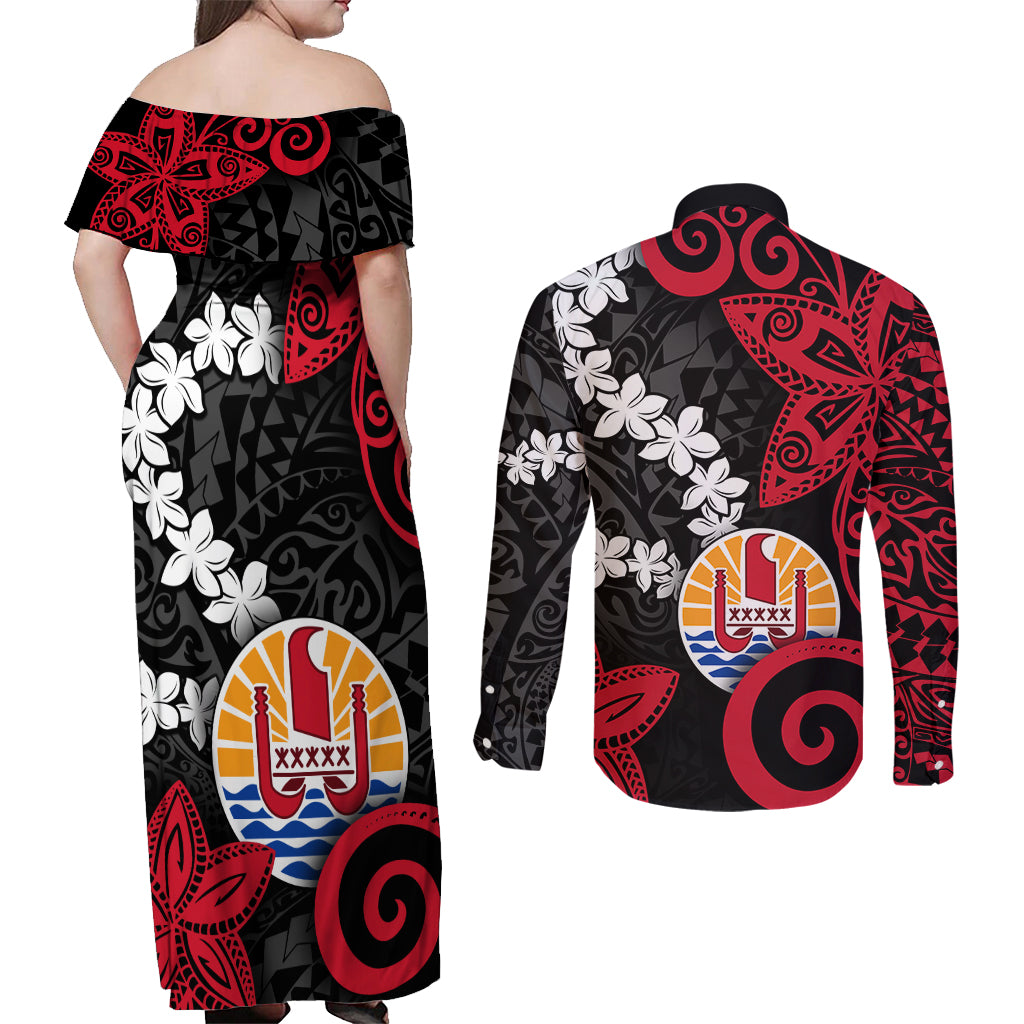 Tahiti Heiva Festival Couples Matching Off Shoulder Maxi Dress and Long Sleeve Button Shirt Floral Pattern With Coat Of Arms LT05 - Polynesian Pride