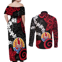 Tahiti Heiva Festival Couples Matching Off Shoulder Maxi Dress and Long Sleeve Button Shirt Floral Pattern With Coat Of Arms LT05 - Polynesian Pride