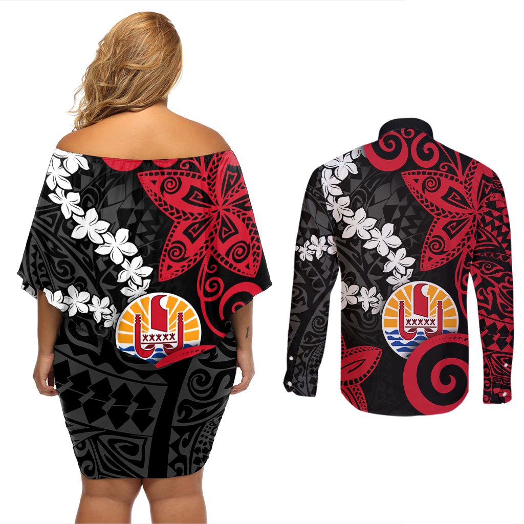 Tahiti Heiva Festival Couples Matching Off Shoulder Short Dress and Long Sleeve Button Shirt Floral Pattern With Coat Of Arms LT05 - Polynesian Pride