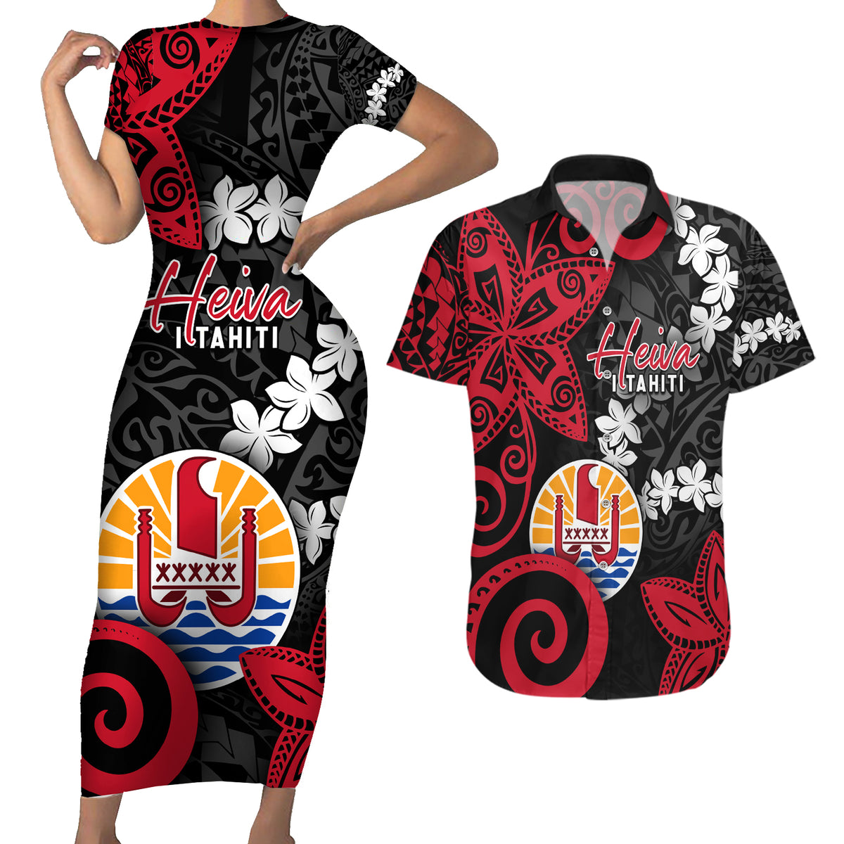 Tahiti Heiva Festival Couples Matching Short Sleeve Bodycon Dress and Hawaiian Shirt Floral Pattern With Coat Of Arms LT05 Black - Polynesian Pride