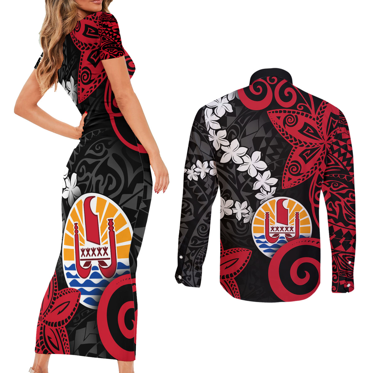 Tahiti Heiva Festival Couples Matching Short Sleeve Bodycon Dress and Long Sleeve Button Shirt Floral Pattern With Coat Of Arms LT05 - Polynesian Pride