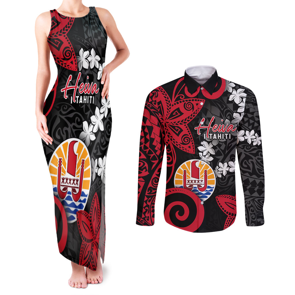 Tahiti Heiva Festival Couples Matching Tank Maxi Dress and Long Sleeve Button Shirt Floral Pattern With Coat Of Arms LT05 Black - Polynesian Pride