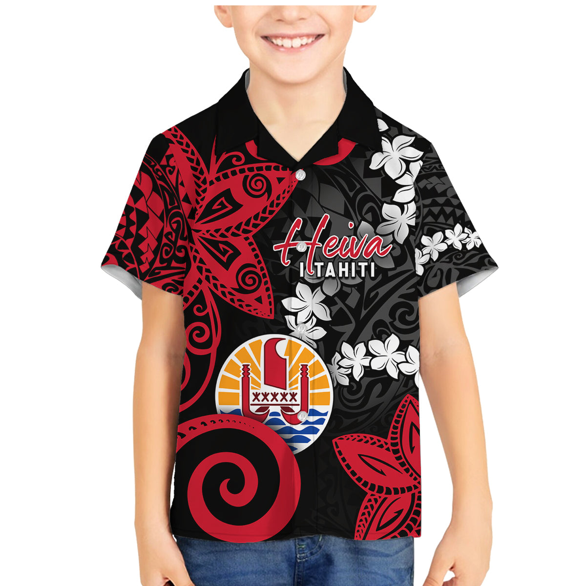 Tahiti Heiva Festival Family Matching Mermaid Dress and Hawaiian Shirt Floral Pattern With Coat Of Arms
