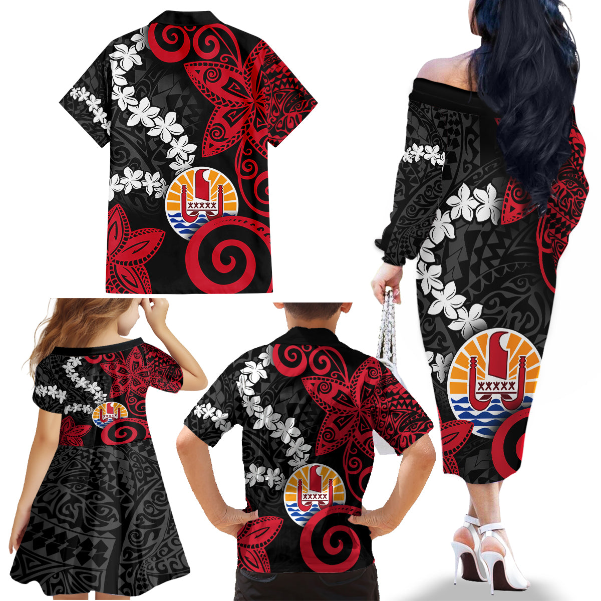 Tahiti Heiva Festival Family Matching Off The Shoulder Long Sleeve Dress and Hawaiian Shirt Floral Pattern With Coat Of Arms