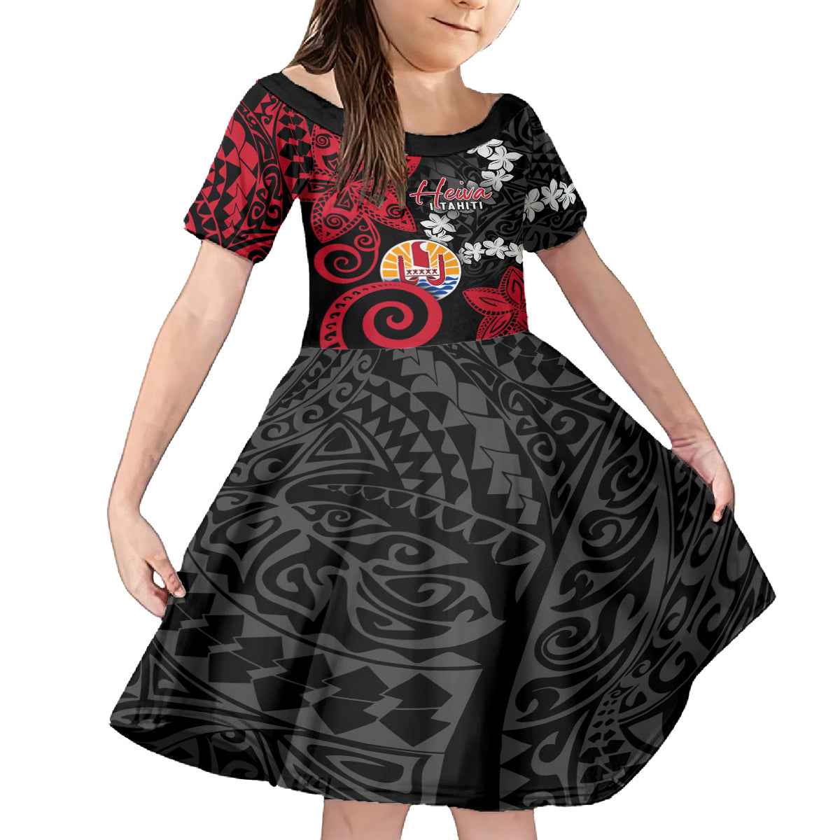 Tahiti Heiva Festival Family Matching Off Shoulder Maxi Dress and Hawaiian Shirt Floral Pattern With Coat Of Arms LT05 Daughter's Dress Black - Polynesian Pride