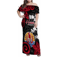 Tahiti Heiva Festival Family Matching Off Shoulder Maxi Dress and Hawaiian Shirt Floral Pattern With Coat Of Arms LT05 Mom's Dress Black - Polynesian Pride