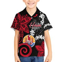 Tahiti Heiva Festival Family Matching Off Shoulder Maxi Dress and Hawaiian Shirt Floral Pattern With Coat Of Arms LT05 Son's Shirt Black - Polynesian Pride