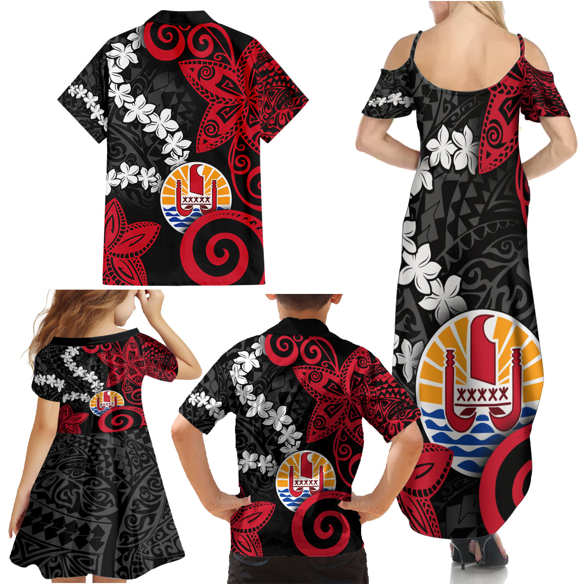 Tahiti Heiva Festival Family Matching Summer Maxi Dress and Hawaiian Shirt Floral Pattern With Coat Of Arms LT05 - Polynesian Pride