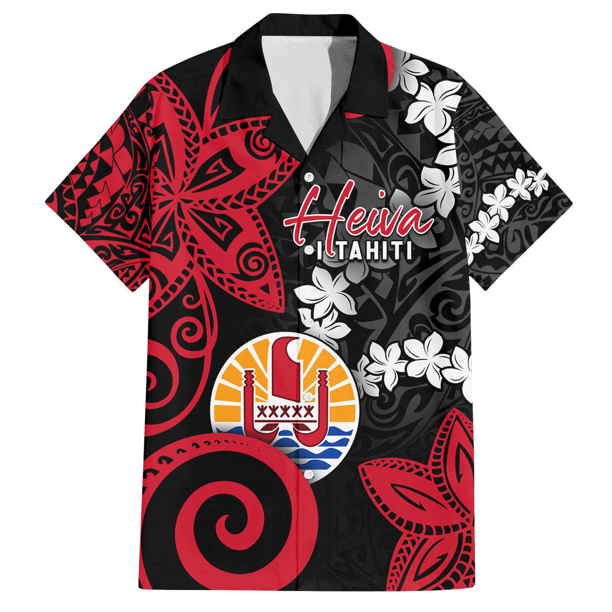 Tahiti Heiva Festival Family Matching Summer Maxi Dress and Hawaiian Shirt Floral Pattern With Coat Of Arms LT05 Dad's Shirt - Short Sleeve Black - Polynesian Pride