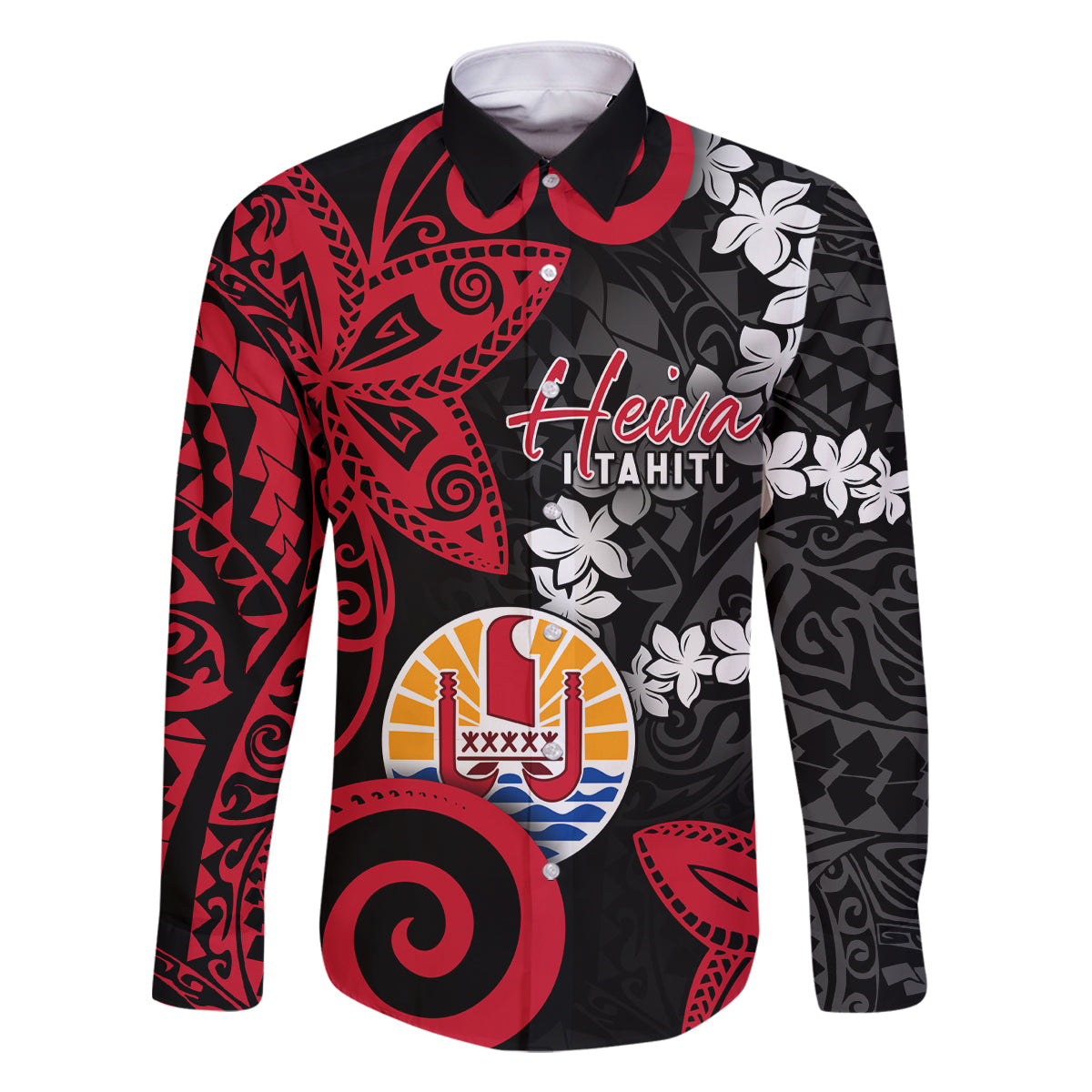 Tahiti Heiva Festival Family Matching Summer Maxi Dress and Hawaiian Shirt Floral Pattern With Coat Of Arms LT05 Dad's Shirt - Long Sleeve Black - Polynesian Pride