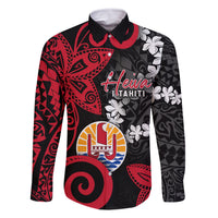 Tahiti Heiva Festival Family Matching Summer Maxi Dress and Hawaiian Shirt Floral Pattern With Coat Of Arms LT05 Dad's Shirt - Long Sleeve Black - Polynesian Pride