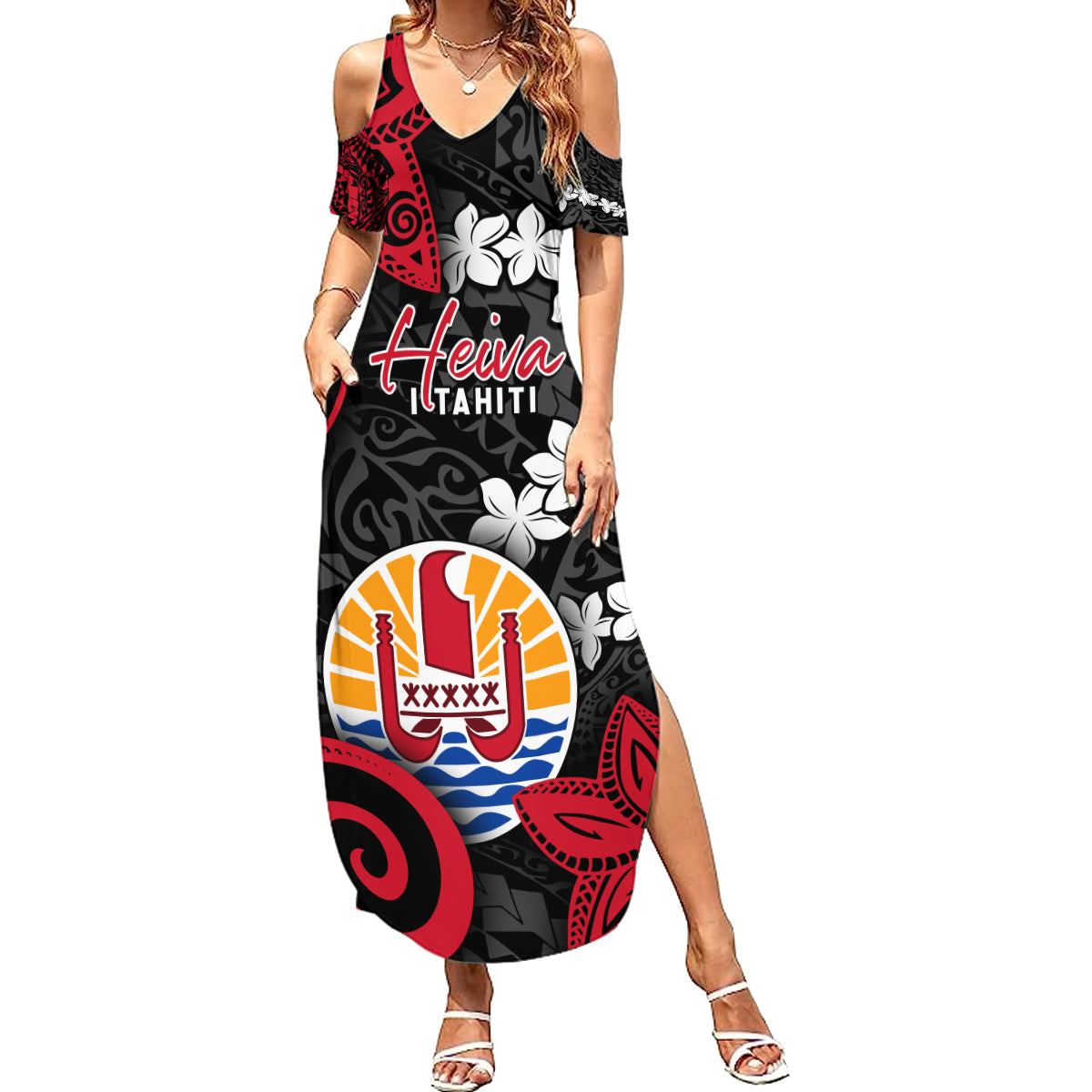 Tahiti Heiva Festival Family Matching Summer Maxi Dress and Hawaiian Shirt Floral Pattern With Coat Of Arms LT05 Mom's Dress Black - Polynesian Pride