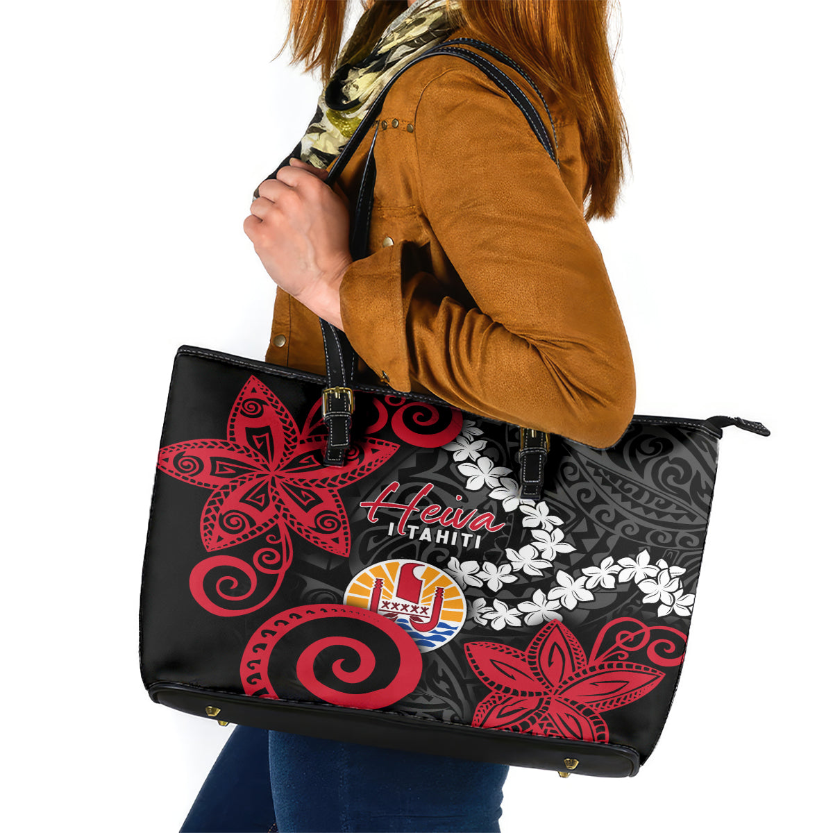 Tahiti Heiva Festival Leather Tote Bag Floral Pattern With Coat Of Arms