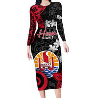 Tahiti Heiva Festival Long Sleeve Bodycon Dress Floral Pattern With Coat Of Arms LT05 Long Dress Black - Polynesian Pride