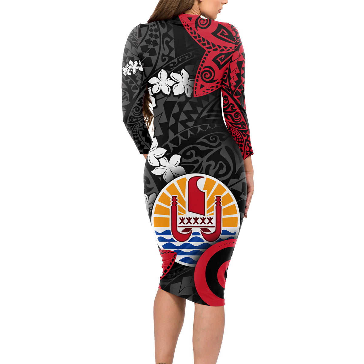 Tahiti Heiva Festival Long Sleeve Bodycon Dress Floral Pattern With Coat Of Arms LT05 - Polynesian Pride