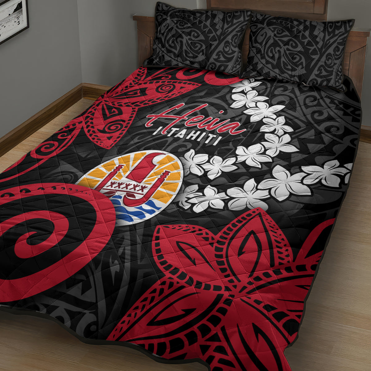 Tahiti Heiva Festival Quilt Bed Set Floral Pattern With Coat Of Arms LT05 - Polynesian Pride