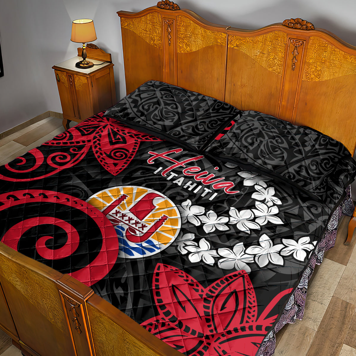 Tahiti Heiva Festival Quilt Bed Set Floral Pattern With Coat Of Arms LT05 - Polynesian Pride