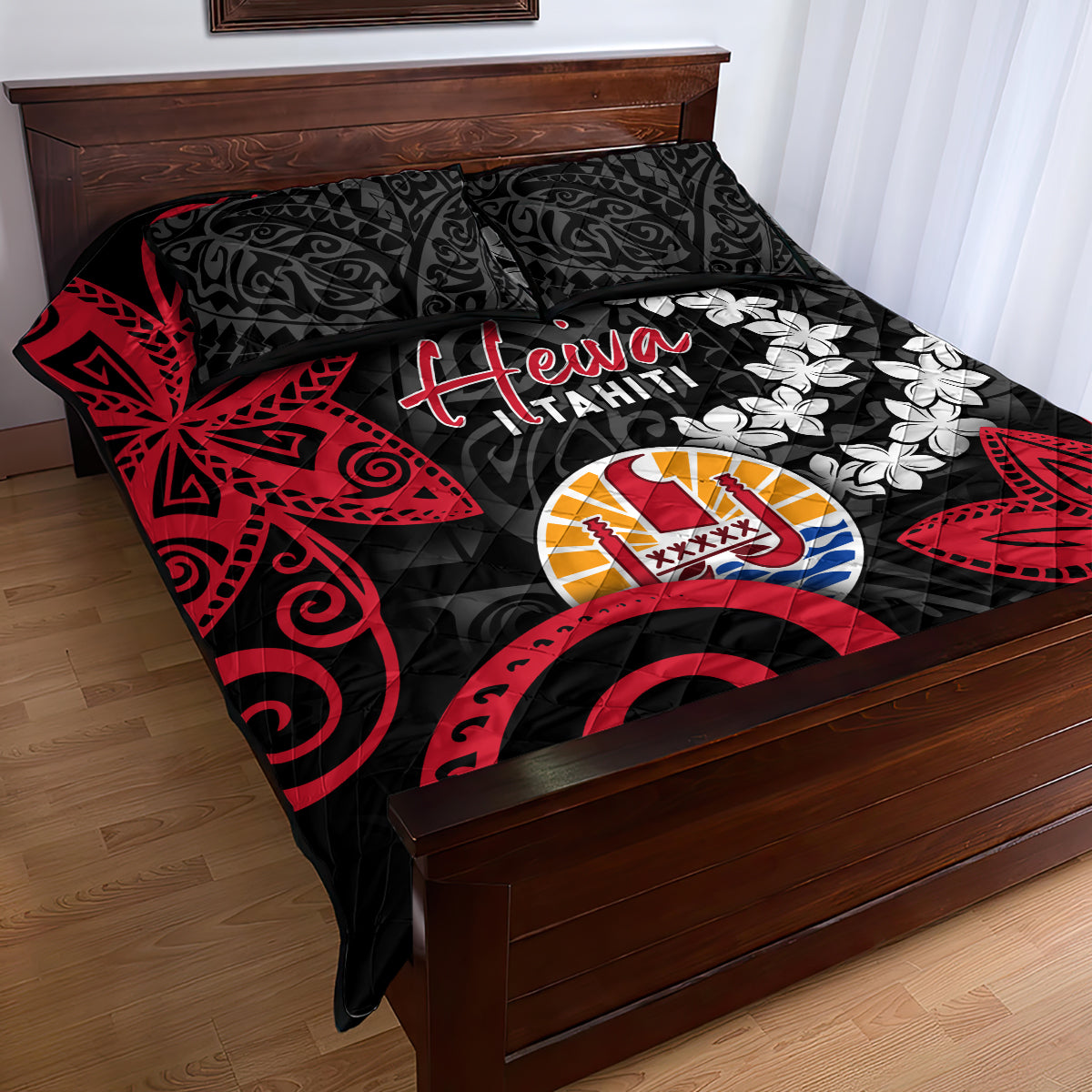 Tahiti Heiva Festival Quilt Bed Set Floral Pattern With Coat Of Arms LT05 - Polynesian Pride