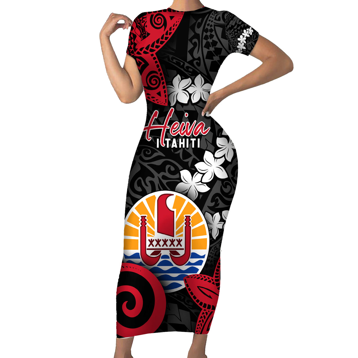 Tahiti Heiva Festival Short Sleeve Bodycon Dress Floral Pattern With Coat Of Arms LT05 Long Dress Black - Polynesian Pride