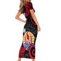 Tahiti Heiva Festival Short Sleeve Bodycon Dress Floral Pattern With Coat Of Arms LT05 - Polynesian Pride