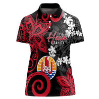Tahiti Heiva Festival Women Polo Shirt Floral Pattern With Coat Of Arms LT05 Female Black - Polynesian Pride