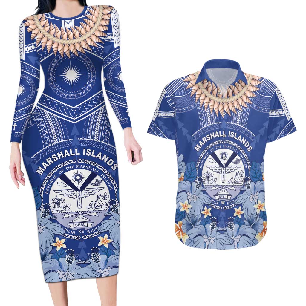Marshall Islands Jemenei Day Couples Matching Long Sleeve Bodycon Dress and Hawaiian Shirt Polynesian Tribal Tattoo Seashell Necklace