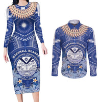 Marshall Islands Jemenei Day Couples Matching Long Sleeve Bodycon Dress and Long Sleeve Button Shirt Polynesian Tribal Tattoo Seashell Necklace