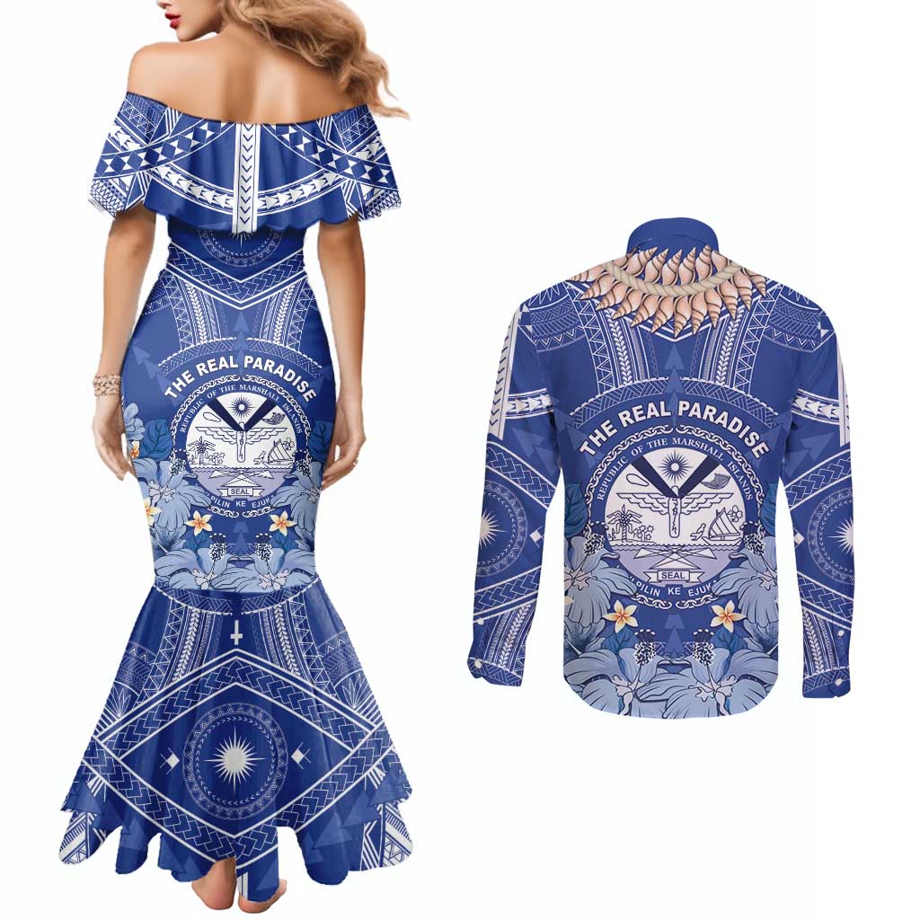 Marshall Islands Jemenei Day Couples Matching Mermaid Dress and Long Sleeve Button Shirt Polynesian Tribal Tattoo Seashell Necklace