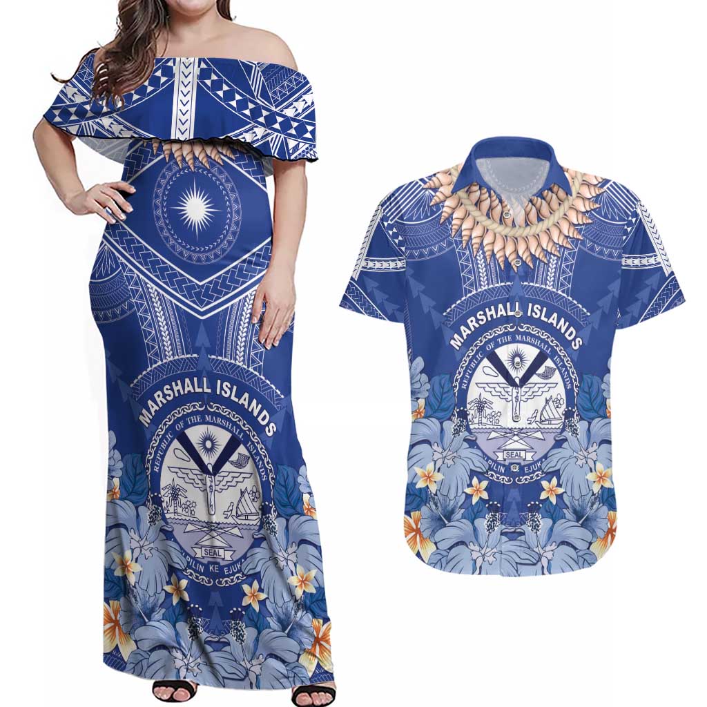 Marshall Islands Jemenei Day Couples Matching Off Shoulder Maxi Dress and Hawaiian Shirt Polynesian Tribal Tattoo Seashell Necklace