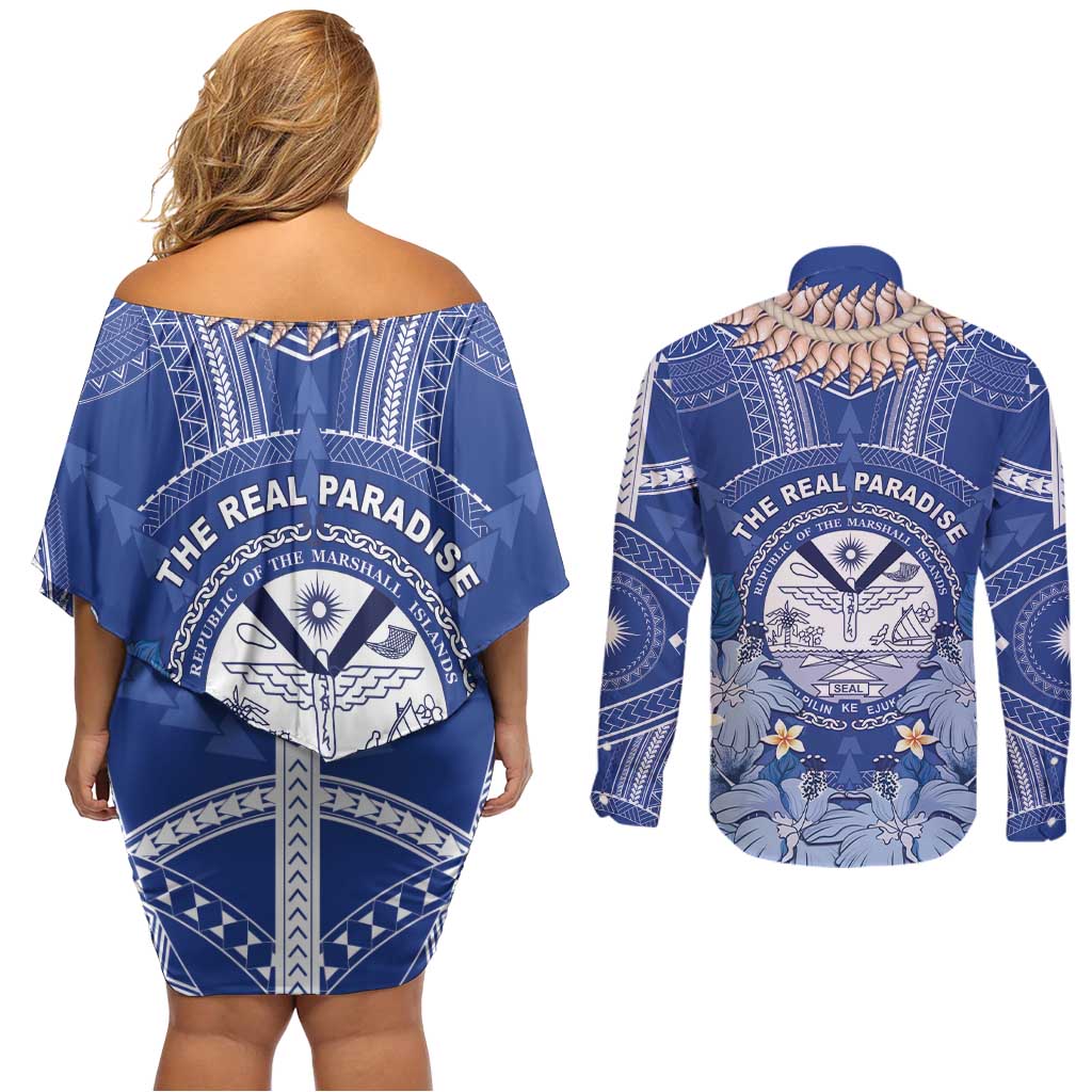 Marshall Islands Jemenei Day Couples Matching Off Shoulder Short Dress and Long Sleeve Button Shirt Polynesian Tribal Tattoo Seashell Necklace