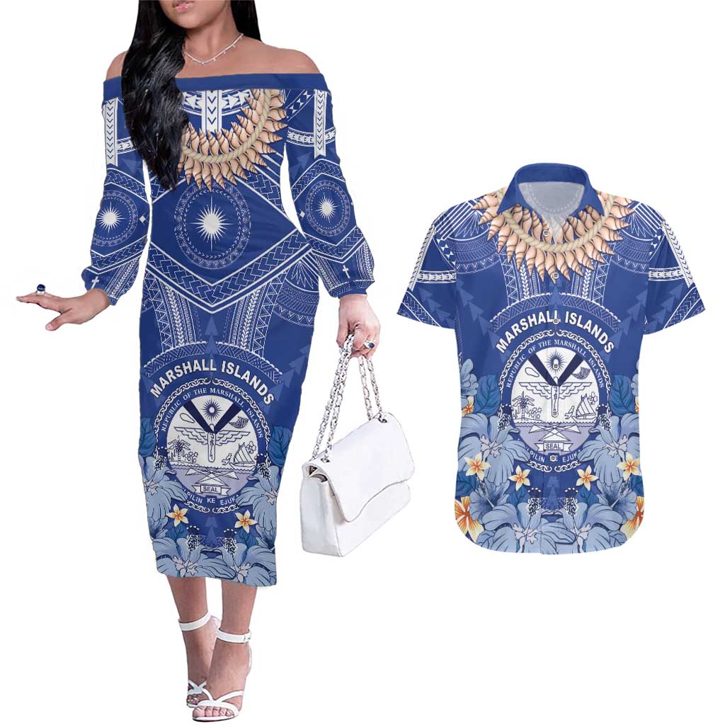 Marshall Islands Jemenei Day Couples Matching Off The Shoulder Long Sleeve Dress and Hawaiian Shirt Polynesian Tribal Tattoo Seashell Necklace