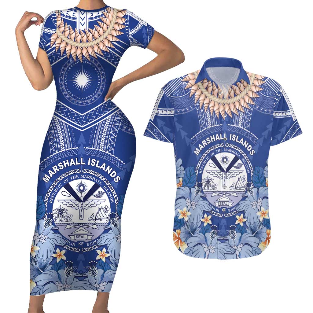 Marshall Islands Jemenei Day Couples Matching Short Sleeve Bodycon Dress and Hawaiian Shirt Polynesian Tribal Tattoo Seashell Necklace