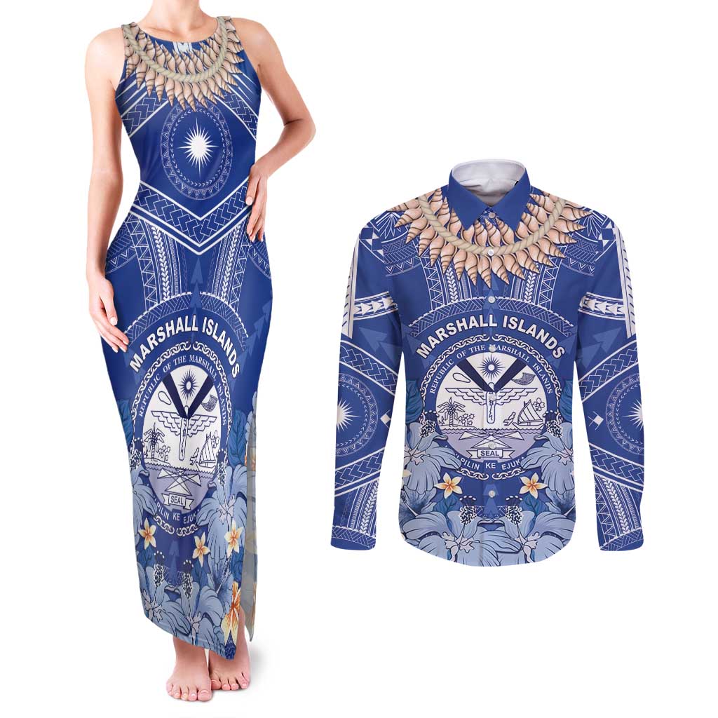 Marshall Islands Jemenei Day Couples Matching Tank Maxi Dress and Long Sleeve Button Shirt Polynesian Tribal Tattoo Seashell Necklace