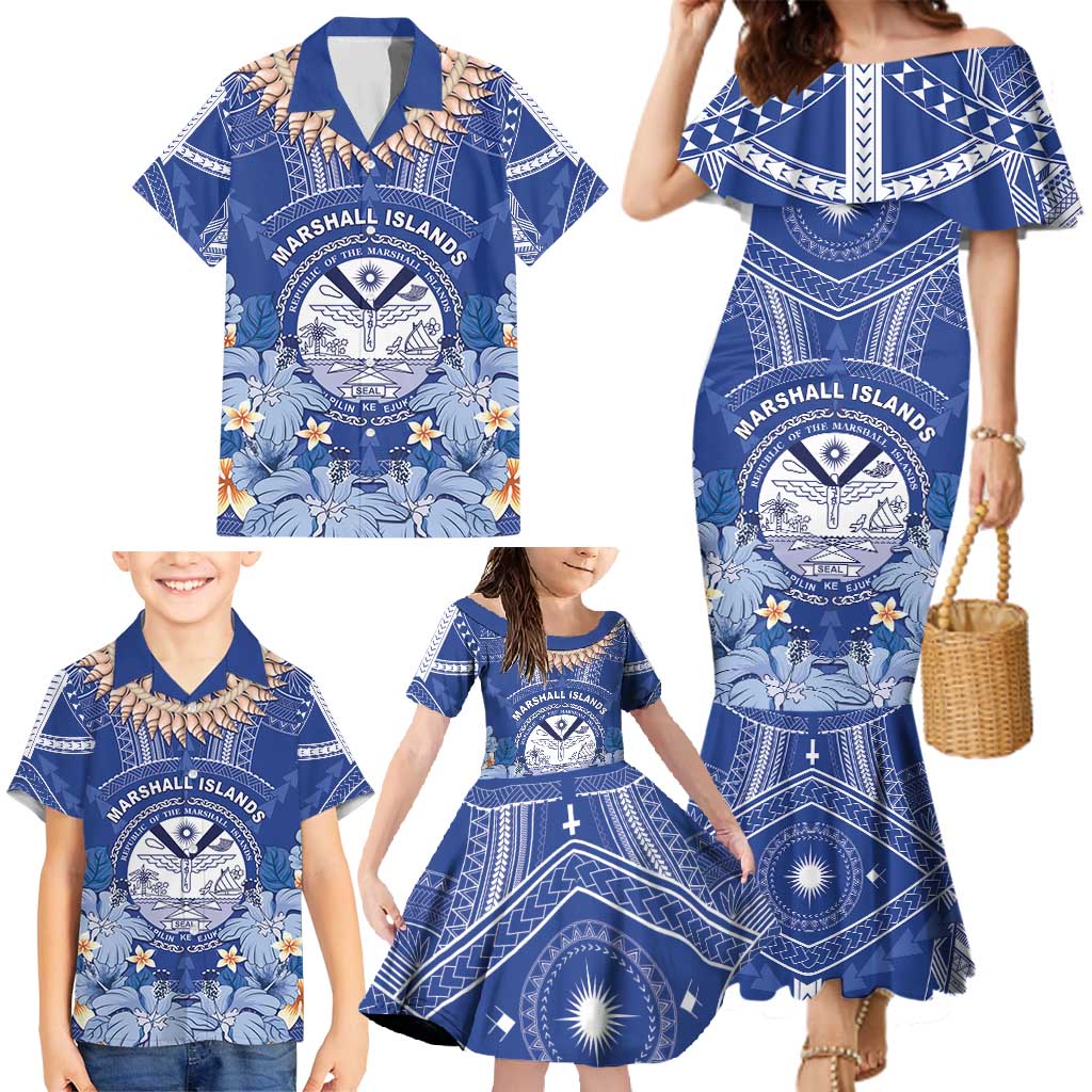 Marshall Islands Jemenei Day Family Matching Mermaid Dress and Hawaiian Shirt Polynesian Tribal Tattoo Seashell Necklace
