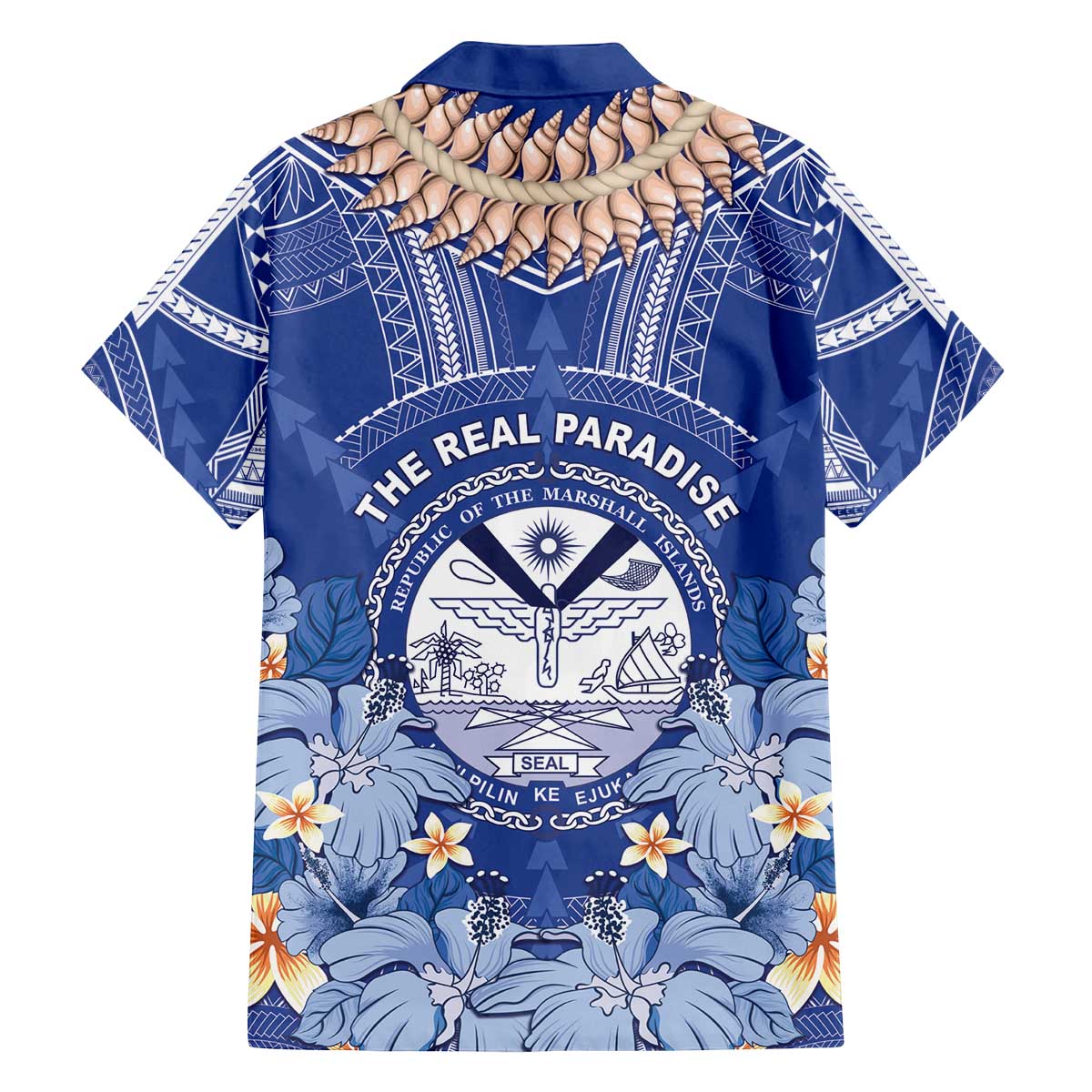 Marshall Islands Jemenei Day Family Matching Off The Shoulder Long Sleeve Dress and Hawaiian Shirt Polynesian Tribal Tattoo Seashell Necklace