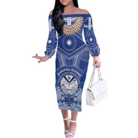 Marshall Islands Jemenei Day Family Matching Off The Shoulder Long Sleeve Dress and Hawaiian Shirt Polynesian Tribal Tattoo Seashell Necklace