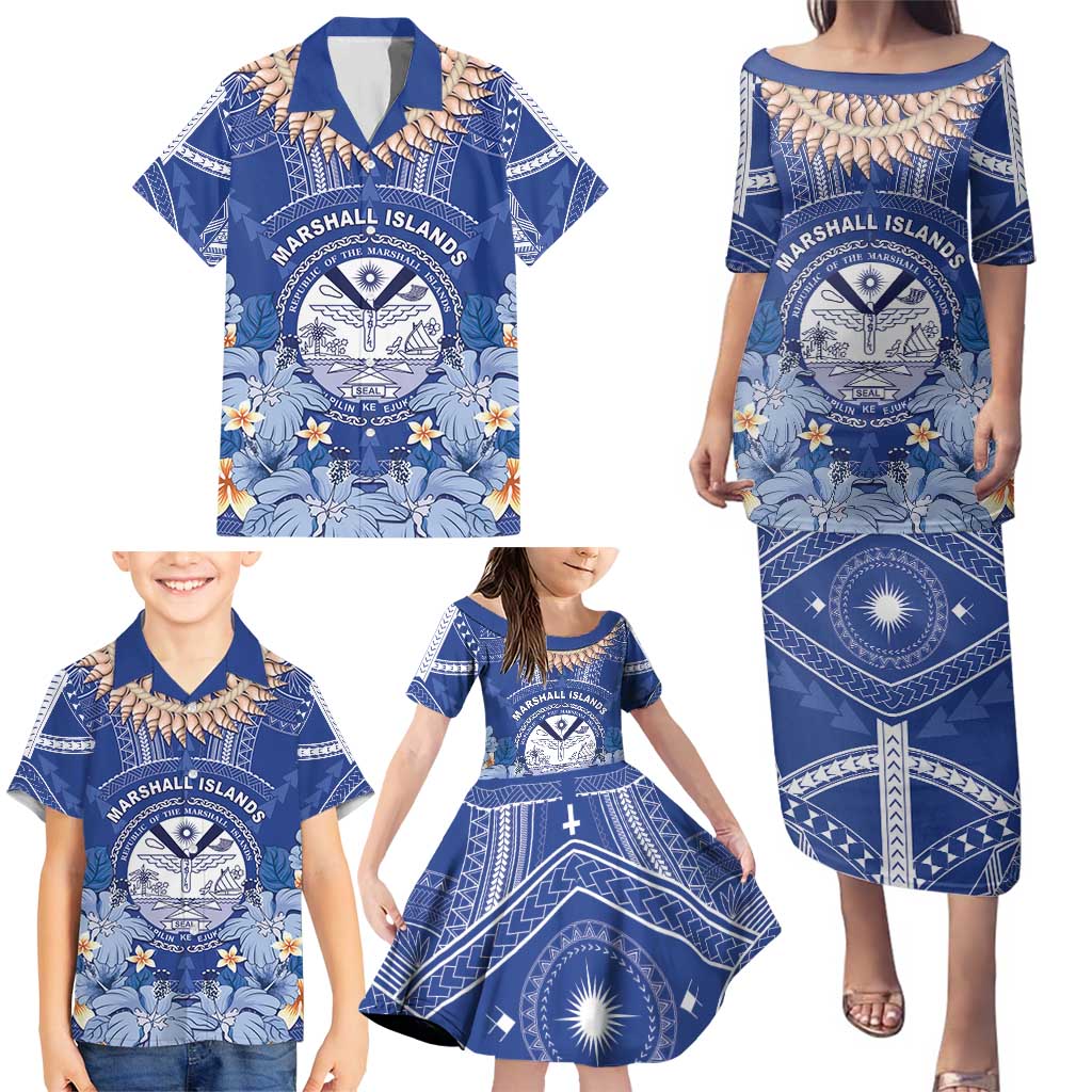 Marshall Islands Jemenei Day Family Matching Puletasi and Hawaiian Shirt Polynesian Tribal Tattoo Seashell Necklace